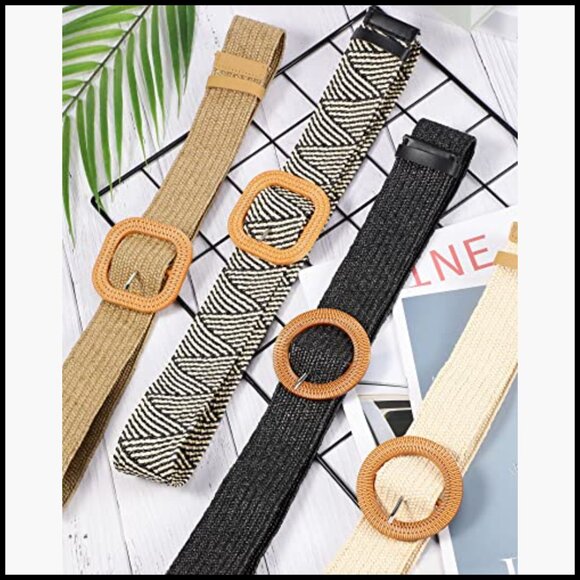 Straw Woven Elastic Skinny Belt with Rattan Buckle Adjustable Waist Band main image 5
